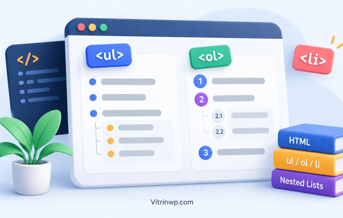 تصویر شاخص آموزش لیست در HTML با نمایش ul و ol و li