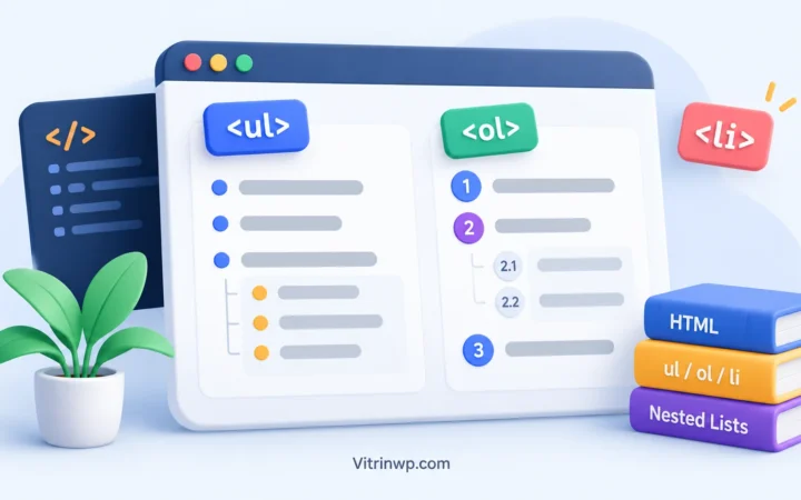 تصویر شاخص آموزش لیست در HTML با نمایش ul و ol و li