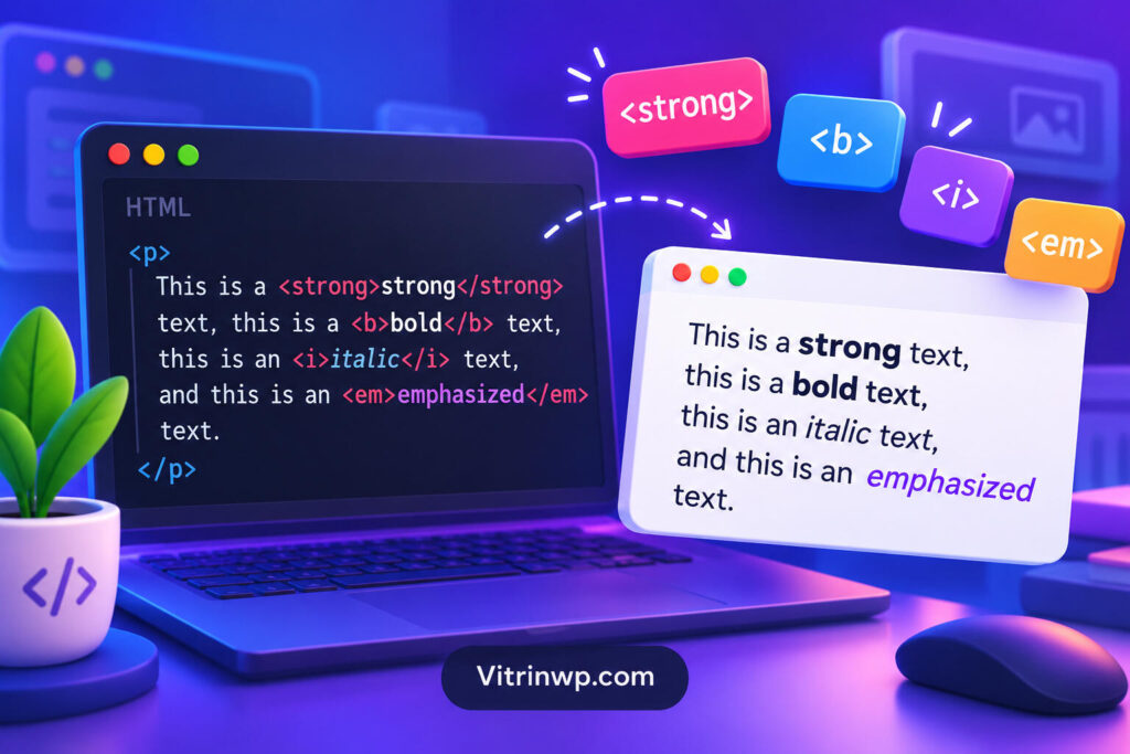 نمایش کدهای HTML شامل تگهای strong، b، i و em در ویرایشگر و نتیجه آنها در مرورگر