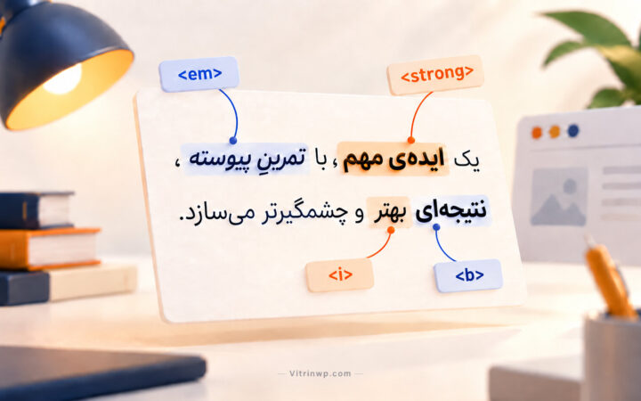 مقایسه تگ‌های strong، em، b و i در HTML با نمایش تفاوت تأکید معنایی و ظاهری متن
