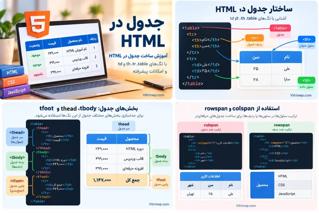 اینفوگرافیک آموزش جدول در HTML شامل ساختار table، tr، th و td، بخش‌های thead، tbody و tfoot و ویژگی‌های colspan و rowspan