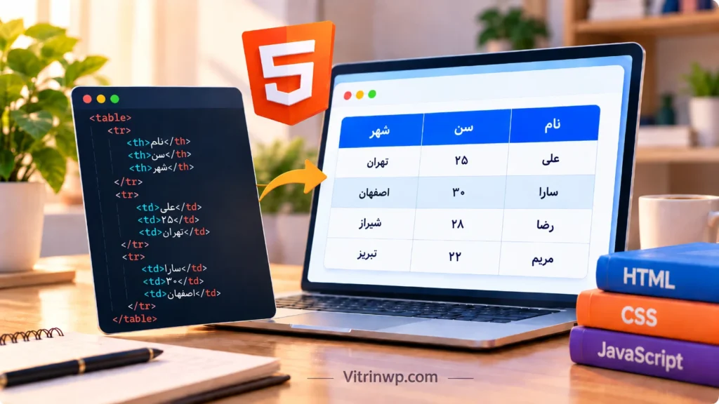 تصویر آموزش جدول در HTML با نمایش کدهای table و نتیجه جدول در مرورگر
